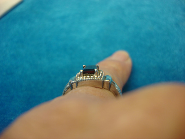 Emerald Cut Red Stone Sterling Silver Ring (Size 7.5)