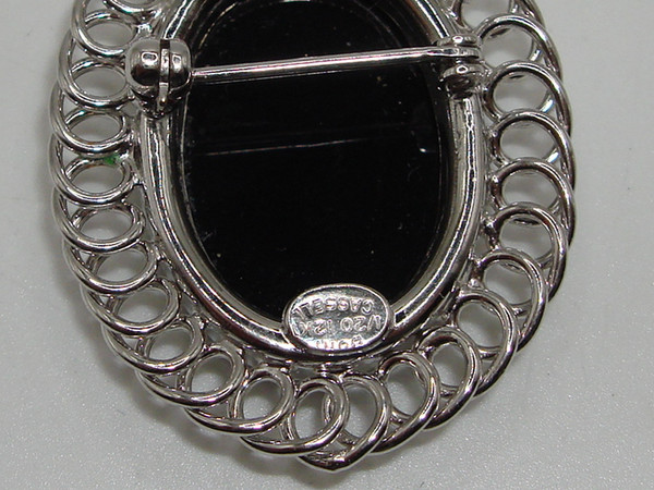 Vintage Burt Cassell 12K Gold Filled Sterling Silver Onyx Filigree Pin