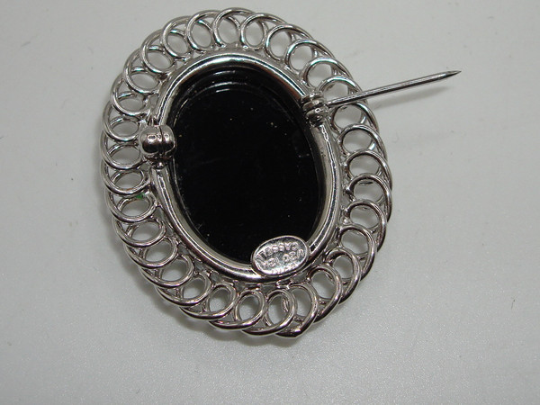Vintage Burt Cassell 12K Gold Filled Sterling Silver Onyx Filigree Pin
