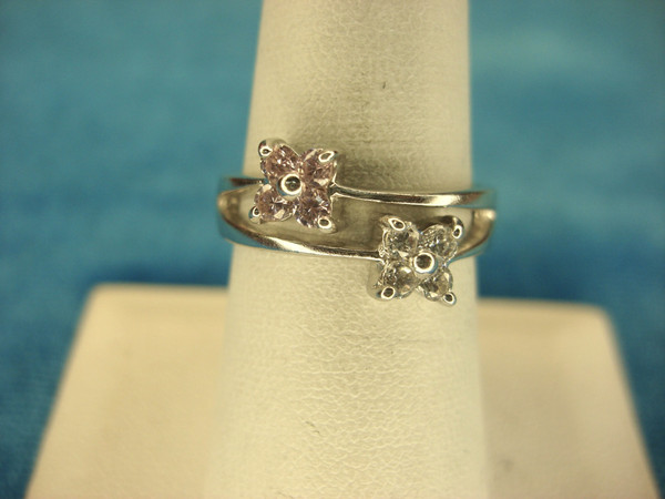 Sterling Silver Floral Ring with Pink & Clear Stones - Size 7.5