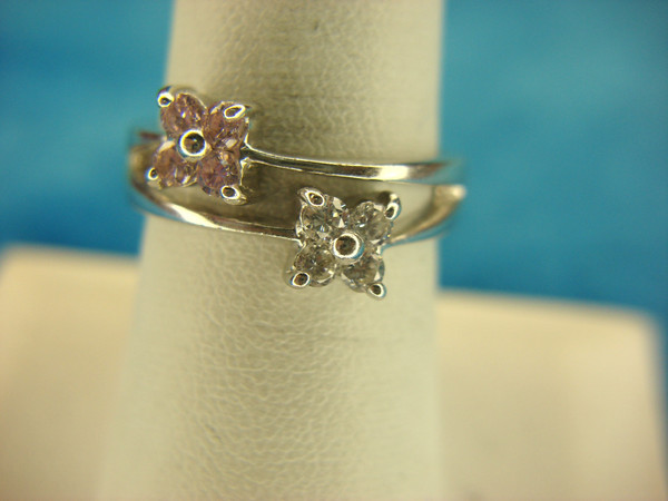 Sterling Silver Floral Ring with Pink & Clear Stones - Size 7.5