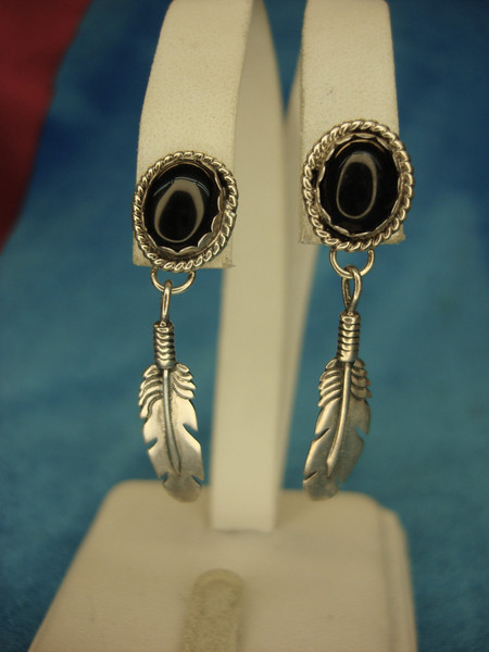 Sterling Silver Feather Dangle Earrings with Onyx - Elegant 1.75 Inch