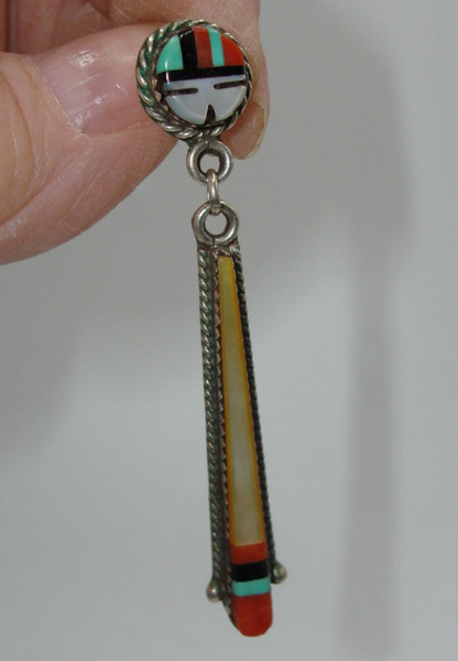 Vintage Zuni Sterling Silver Inlaid Earring with Mother of Pearl & Turquoise
