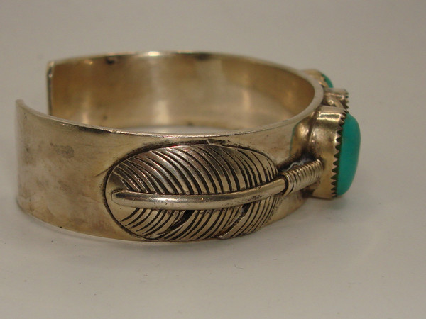Vintage Native American Sterling Silver & Turquoise Cuff Bracelet | 925, Feathers & Cabochons
