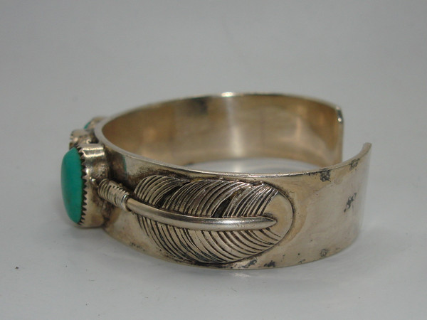 Vintage Native American Sterling Silver & Turquoise Cuff Bracelet | 925, Feathers & Cabochons