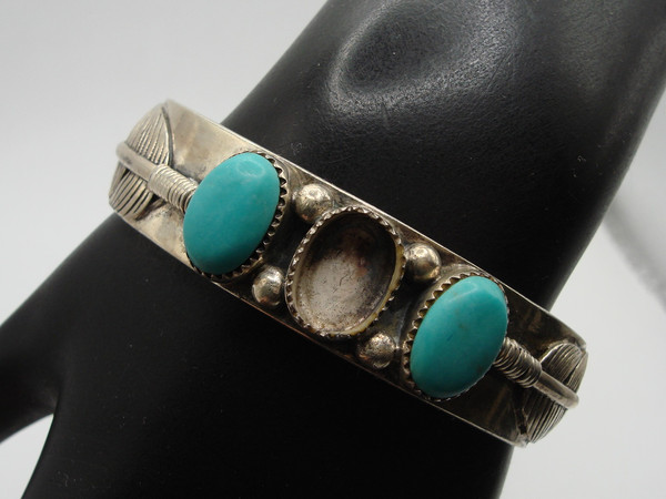 Vintage Native American Sterling Silver & Turquoise Cuff Bracelet | 925, Feathers & Cabochons