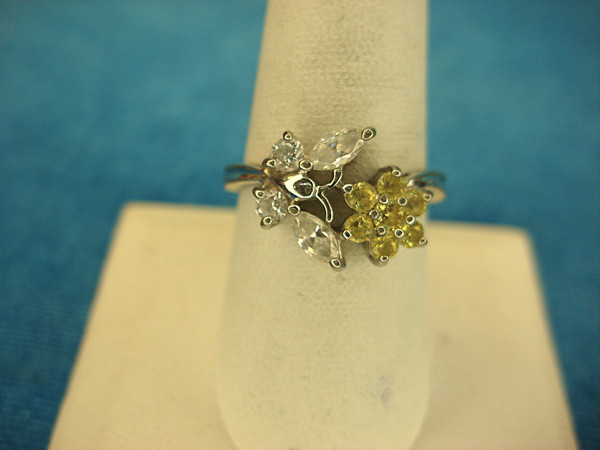 Sterling Silver Butterfly & Flower Ring with Citrine - Size 9