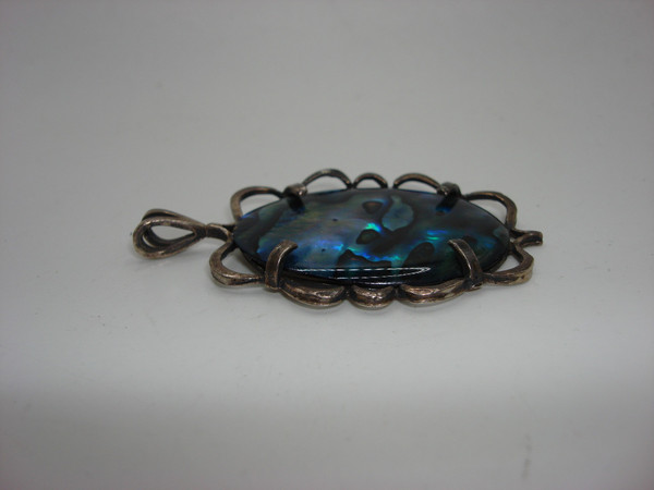 Vintage Iridescent Abalone Shell Pendant with Bird Inlay - 2.25 Inch