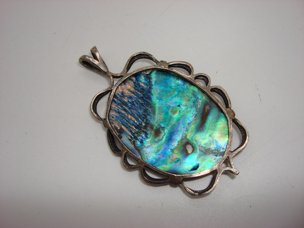Vintage Iridescent Abalone Shell Pendant with Bird Inlay - 2.25 Inch
