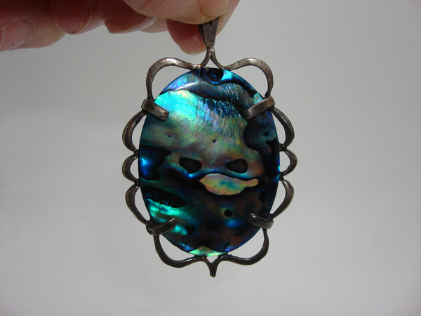 Vintage Iridescent Abalone Shell Pendant with Bird Inlay - 2.25 Inch