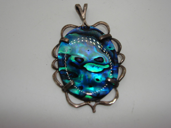 Vintage Iridescent Abalone Shell Pendant with Bird Inlay - 2.25 Inch