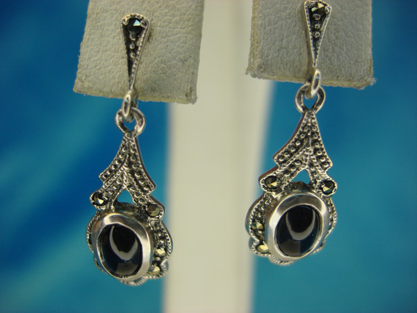 Sterling Silver Onyx & Marcasite Dangle Earrings - 1 Inch 