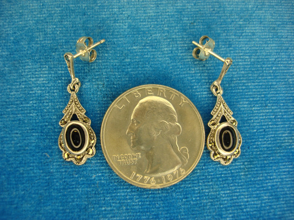 Sterling Silver Onyx & Marcasite Dangle Earrings - 1 Inch 