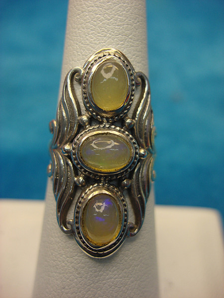 Sterling Silver Ring with 3 Oval Opals - Size 6 3/4 (Pre-Owned)