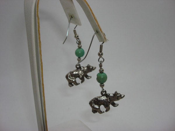 Vintage Native American Sterling Silver Turquoise & Bear Dangle Earrings