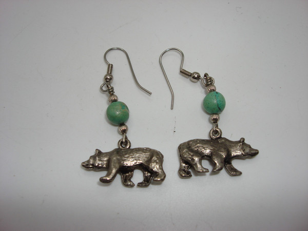 Vintage Native American Sterling Silver Turquoise & Bear Dangle Earrings