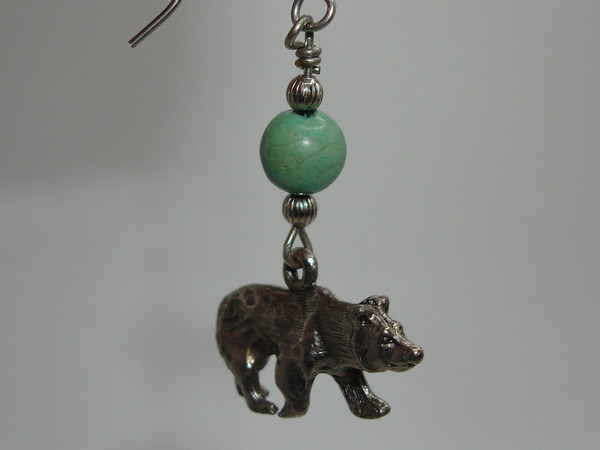Vintage Native American Sterling Silver Turquoise & Bear Dangle Earrings