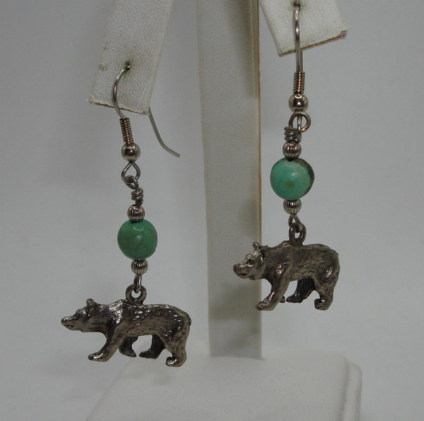 Vintage Native American Sterling Silver Turquoise & Bear Dangle Earrings