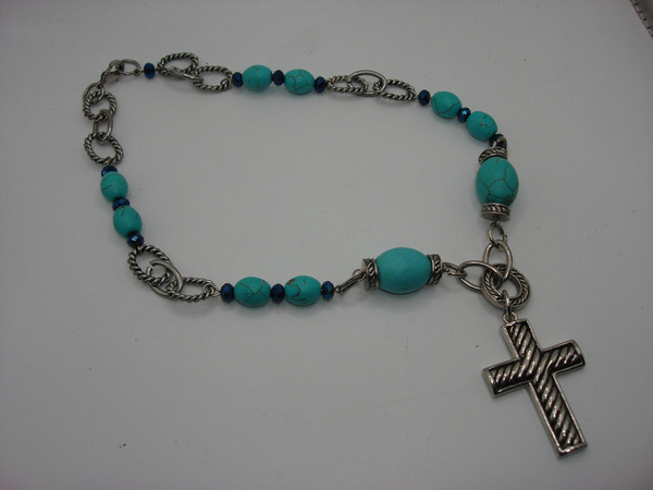 Vintage Silver & Blue Howlite Cross Necklace | 18 Inch, Statement Jewelry