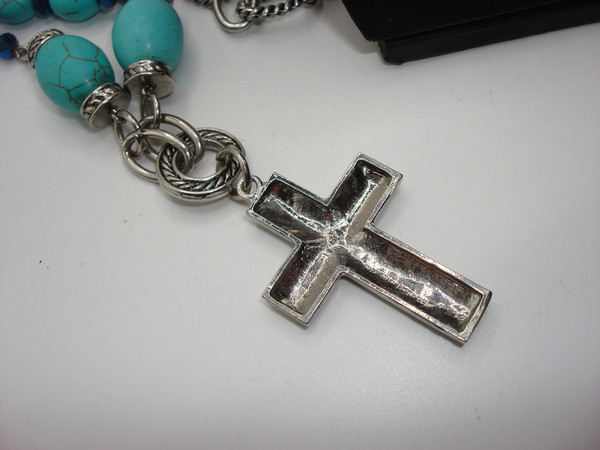Vintage Silver & Blue Howlite Cross Necklace | 18 Inch, Statement Jewelry