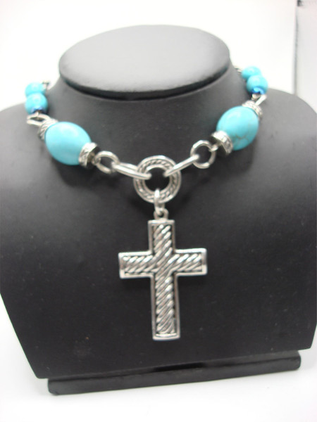 Vintage Silver & Blue Howlite Cross Necklace | 18 Inch, Statement Jewelry