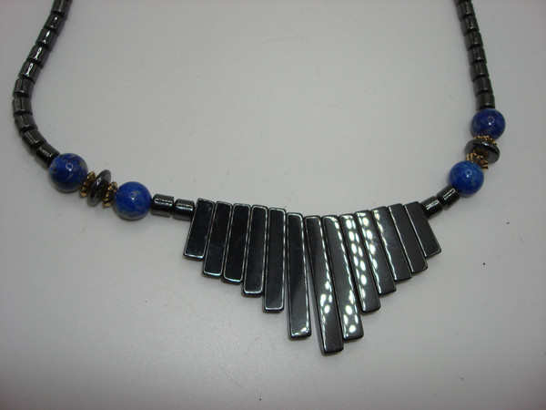 Vintage 1980s Hematite & Lapis Bib Necklace - 4.5 Inch Centerpiece