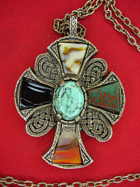 Vintage Celtic Cross Necklace with Faux Gemstones | British Design | 24