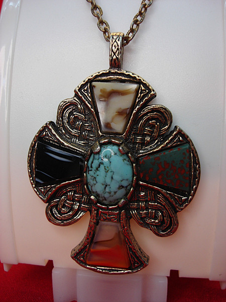 Vintage Celtic Cross Necklace with Faux Gemstones | British Design | 24