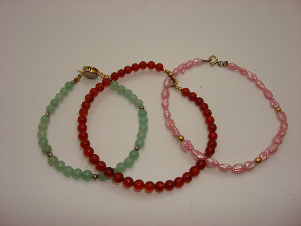 Vintage Gemstone Bracelet Set: Garnet, Jadeite & Freshwater Pearl - Gold-Filled