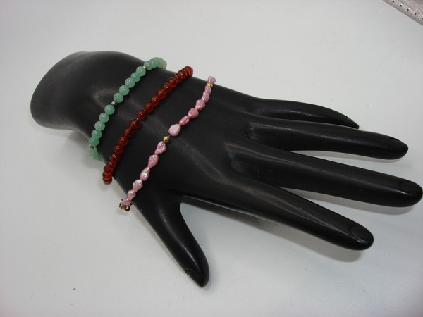 Vintage Gemstone Bracelet Set: Garnet, Jadeite & Freshwater Pearl - Gold-Filled