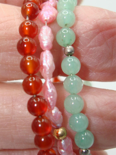 Vintage Gemstone Bracelet Set: Garnet, Jadeite & Freshwater Pearl - Gold-Filled