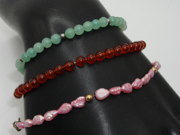 Vintage Gemstone Bracelet Set: Garnet, Jadeite & Freshwater Pearl - Gold-Filled