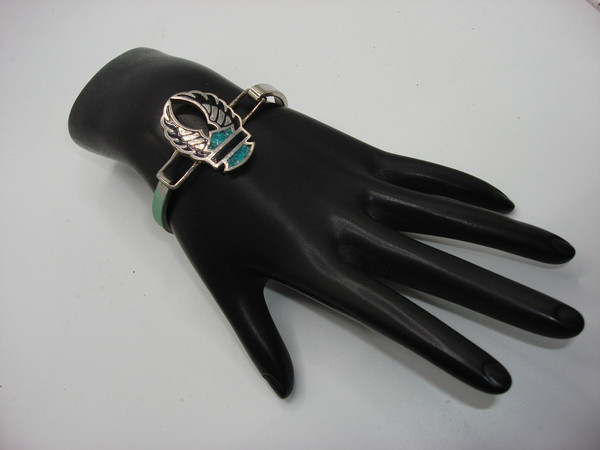 Vintage Harley Davidson Silver Bracelet with Turquoise Inlay - Hinged Cuff