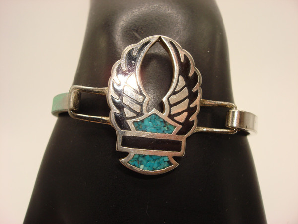 Vintage Harley Davidson Silver Bracelet with Turquoise Inlay - Hinged Cuff
