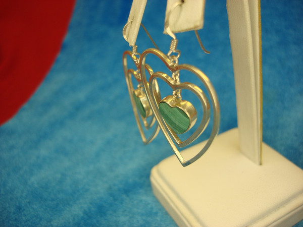 Sterling Silver Triple Heart Dangle Earrings with Green Gemstones