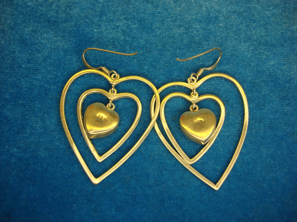 Sterling Silver Triple Heart Dangle Earrings with Green Gemstones