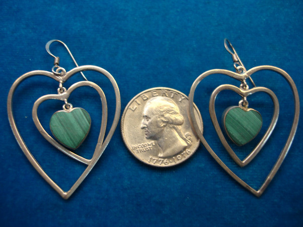 Sterling Silver Triple Heart Dangle Earrings with Green Gemstones