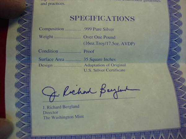 Washington Mint 16 oz Proof Silver Bar - $1000 Bill Design | Original Box & COA