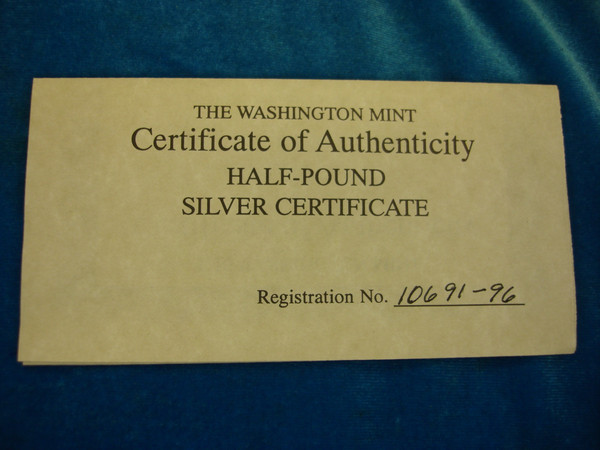 8 oz Washington Mint $500 Proof Silver Bar - .999 Fine Silver, Original Box & COA