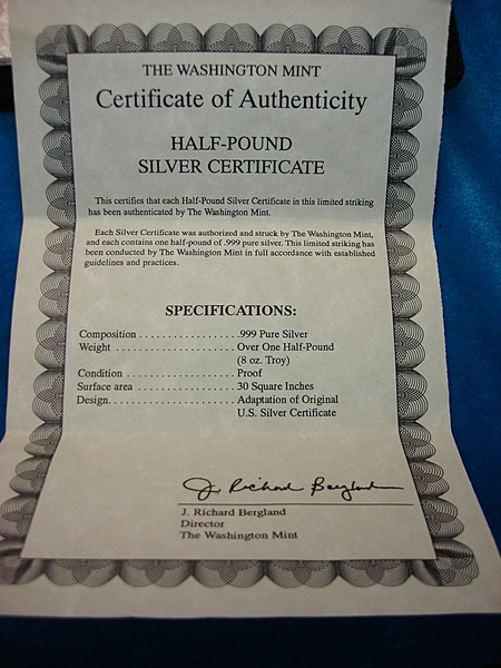 8 oz Washington Mint $500 Proof Silver Bar - .999 Fine Silver, Original Box & COA