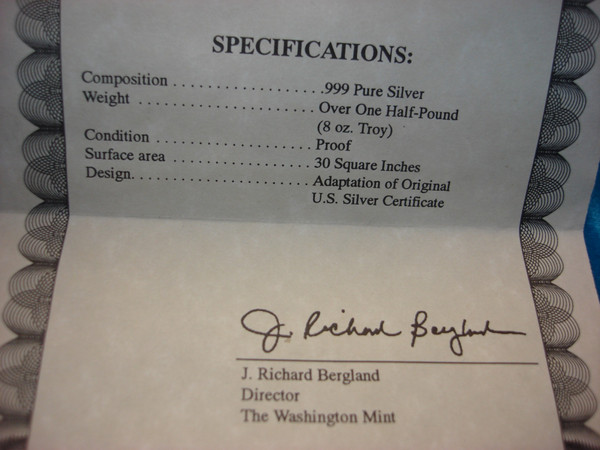 8 oz Washington Mint $500 Proof Silver Bar - .999 Fine Silver, Original Box & COA