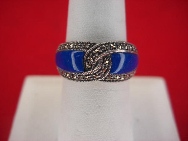 Sterling Silver Lapis Lazuli & Marcasite Ring - Size 8 1/4 - Pre-Owned