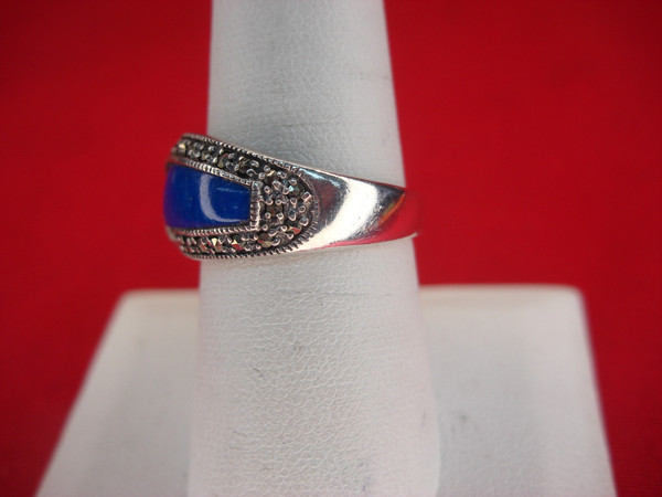 Sterling Silver Lapis Lazuli & Marcasite Ring - Size 8 1/4 - Pre-Owned