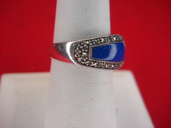 Sterling Silver Lapis Lazuli & Marcasite Ring - Size 8 1/4 - Pre-Owned