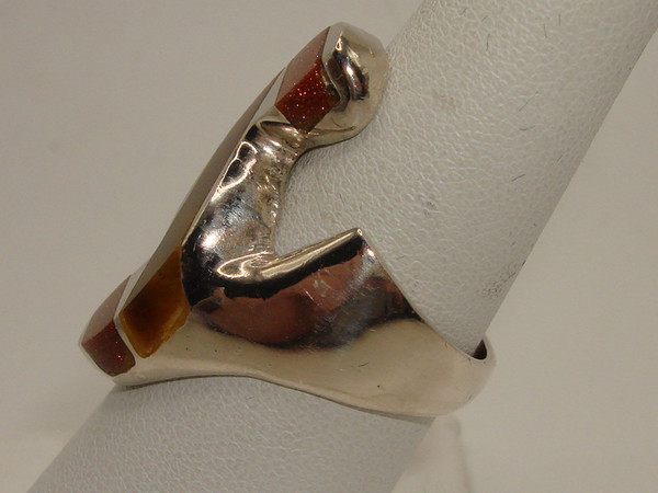 Mexico Modernist Sterling Silver Ring w/ Tiger's Eye & Goldstone - Size 8