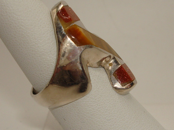 Mexico Modernist Sterling Silver Ring w/ Tiger's Eye & Goldstone - Size 8