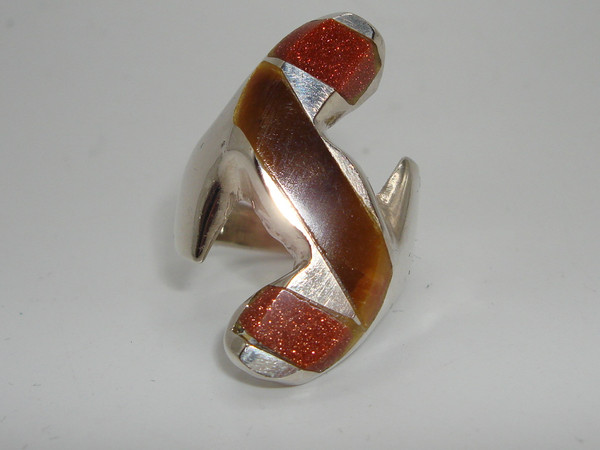 Mexico Modernist Sterling Silver Ring w/ Tiger's Eye & Goldstone - Size 8