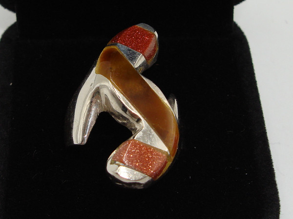 Mexico Modernist Sterling Silver Ring w/ Tiger's Eye & Goldstone - Size 8