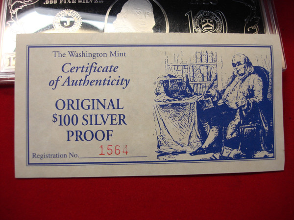 Washington Mint 4 oz .999 Fine Silver $100 Franklin Proof Bar - Original Box