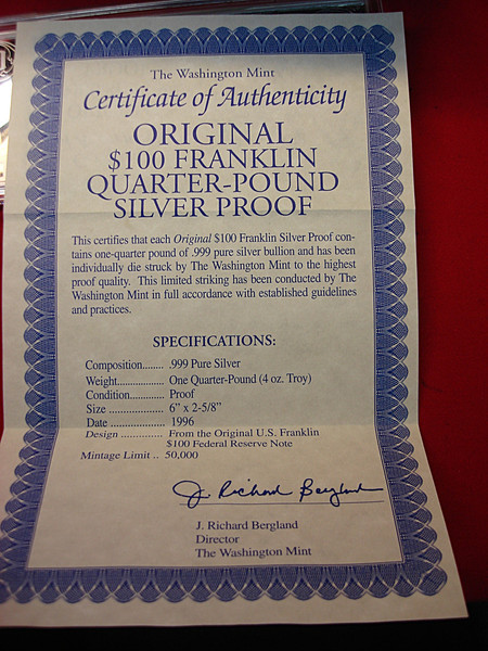 Washington Mint 4 oz .999 Fine Silver $100 Franklin Proof Bar - Original Box